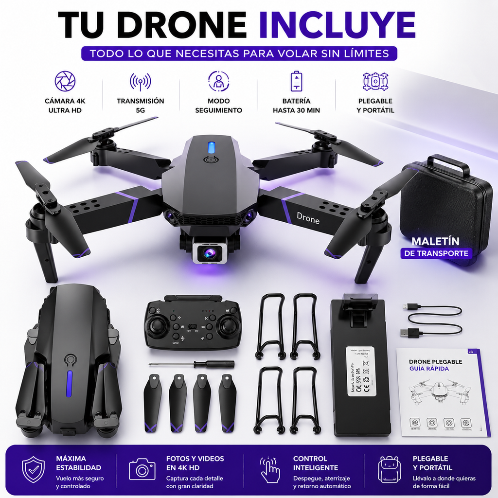 [OFERTA] - Dron E99 Max Sky Vision 4K + DOBLE BATERÍA + CONTROL PANTALLA CELULAR