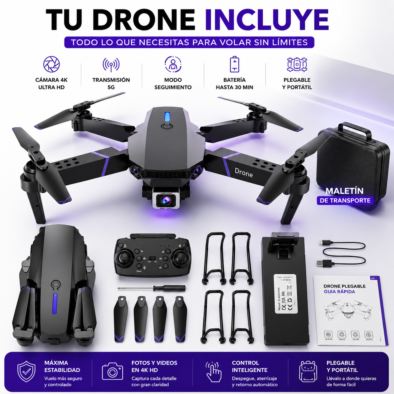 [OFERTA] - Dron E99 Max Sky Vision 4K + DOBLE BATERÍA + CONTROL PANTALLA CELULAR