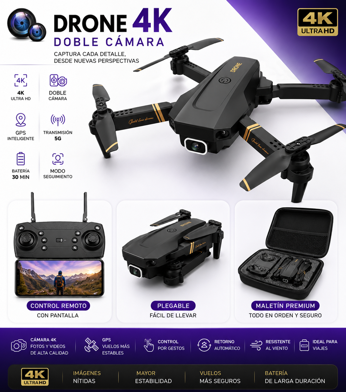 [OFERTA] - Dron E99 Max Sky Vision 4K + DOBLE BATERÍA + CONTROL PANTALLA CELULAR